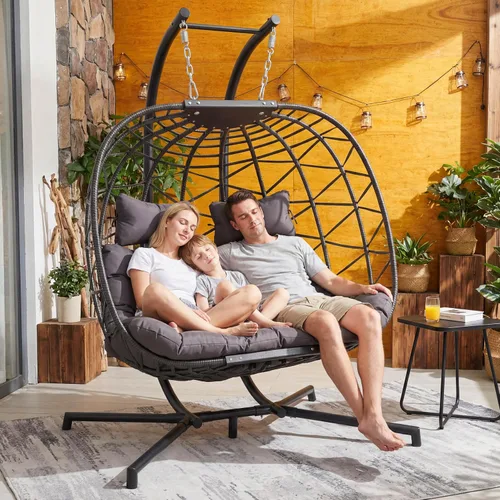 Miniatura 10 de RADIATA Silla de huevo para exteriores con soporte, 350 libras, silla colgante resistente con cojín acolchado, hamaca plegable de ratán resistente a