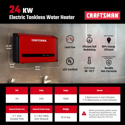 Miniatura 2 de CRAFTSMAN Calentador de agua eléctrico sin tanque de 24 kW, 240 voltios, 3.74 GPM, tecnología auto-modulante multiaplicación para toda la casa, agua