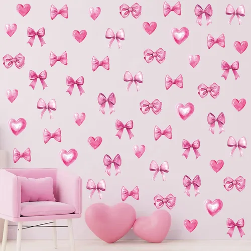 Miniatura 2 de Arawat 48 piezas de decoración de moño rosa para baño y dormitorio, calcomanías de pared de lazo y calcomanías para decoración de habitación