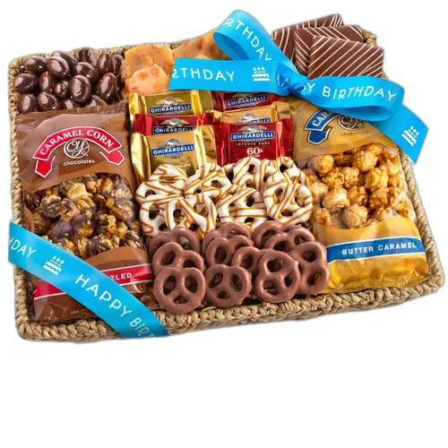 A Gift Inside Gran Cesta de Regalo de Cumpleaños de Chocolate Caramelo y Crujiente con Aperitivos, Pretzels, Ghirardelli y Nueces Cubiertas de