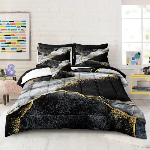 Merryword - Juego de edredón de mármol negro, tamaño individual, 6 piezas, ropa de cama en una bolsa, diseño de mármol metálico dorado con 1