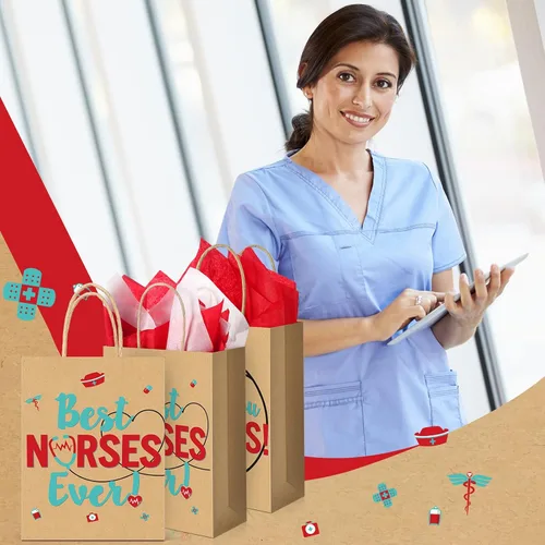 Miniatura 6 de 30 bolsas de regalo de la semana de CNA, bolsas de agradecimiento para enfermeras con asa, papel de estraza Best Nurses Ever, golosinas