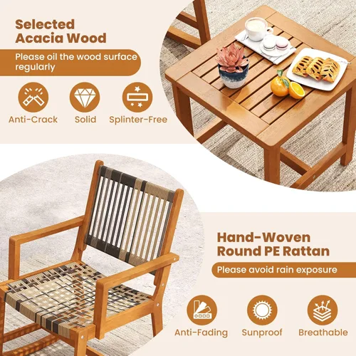 Miniatura 6 de Tangkula Juego de 3 mecedoras para patio, juego de bistró de madera de acacia con asiento y respaldo de ratán, 2 sillones para exteriores con mesa