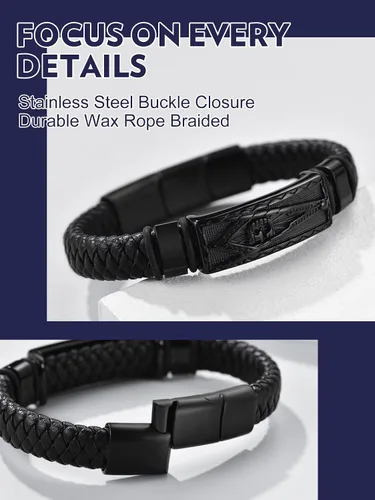 Miniatura 4 de Bandmax Pulsera trenzada de cuero negro para hombre con colgante gótico punk, pulsera de cuero con hebilla de acero inoxidable, paquete de regalo