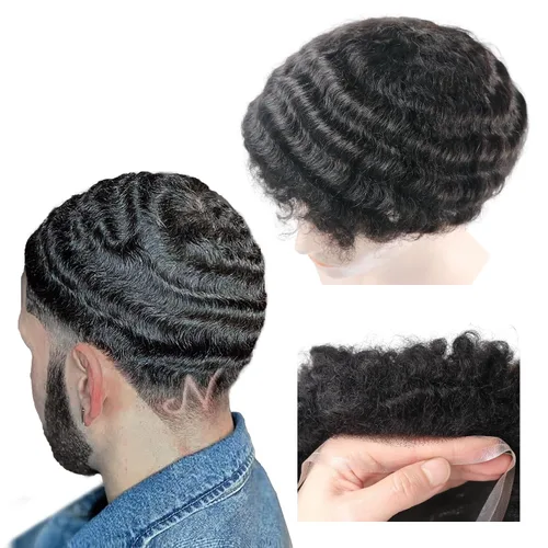 Miniatura 13 de Pelucas Afro Rizadas Toupé para Hombres Pelucas para Hombre Afroamericano Negro Unidad de Cabello Masculino Negro Rizado Afro Tejido Masculino