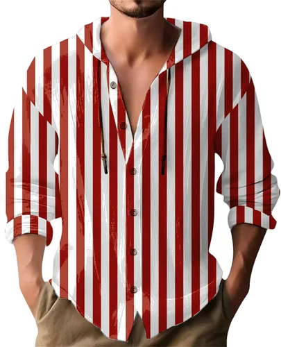 Miniatura 7 de Camisas de manga larga con botones para hombre, camisa con capucha a rayas verticales, casual, para vacaciones, verano, ligera, con cordón Z21