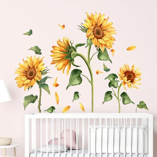 Miniatura 5 de Calcomanía de pared vintage de girasol, diseño floral de jardín, flores amarillas con hojas verdes, calcomanías de pared para despegar y pegar