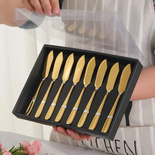 Miniatura 3 de Buyer Star Juego de 8 cuchillos de mantequilla, juego de esparcidor de queso dorado de acero inoxidable 18/10 en caja de regalo negra para fiestas