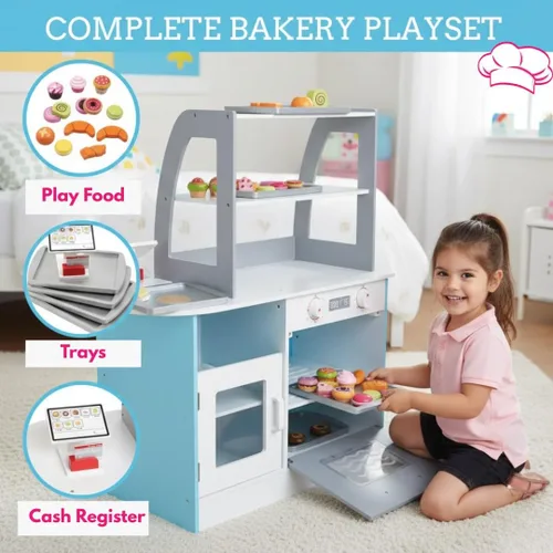 Miniatura 2 de Juego de madera para panadería, soporte de simulación para niños, 25 piezas para pastelería, mostrador de café con alimentos, donas, pasteles