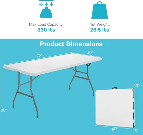 Miniatura 3 de GYMAX Mesas plegables de 6 pies, mesa de campamento portátil ligera con asa de transporte, fácil de plegar para interiores y exteriores, mesa