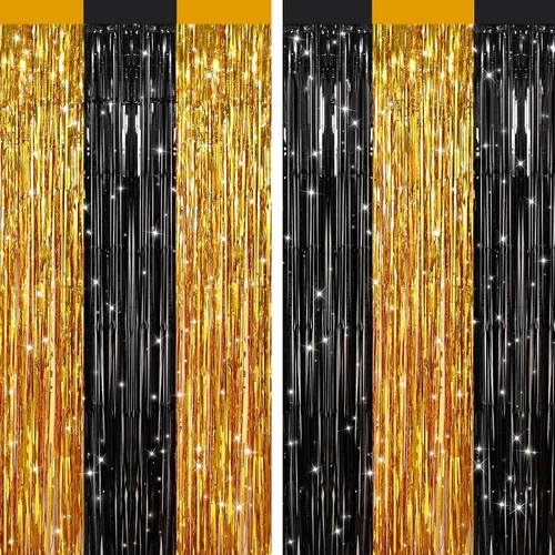 Miniatura 26 de Paquete de 2 cortinas de flecos de papel de oropel metálico negro, serpentinas de puerta, telón de fondo para cabina de fotos para fiesta