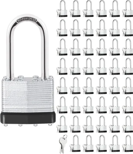Miniatura 9 de 6 candados con las mismas llaves, acero laminado negro plata (1-9/16 pulgadas, 1.575 in), grillete largo para cobertizos, puertas, vallas, caja