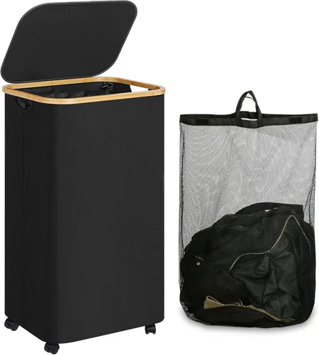 Miniatura 20 de iEGrow Cesta de lavandería delgada de 65L, cesta de lavandería estrecha con tapa, cesta de ropa plegable con asas de bambú, cesta de lavandería