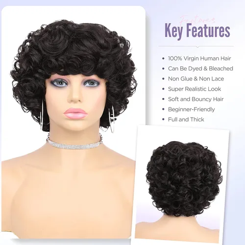 Miniatura 3 de Pelucas de cabello humano corto rizado Bob peluca para mujeres negras, sin encaje, peluca rizada grande con flequillo, corte pixie, pelucas Negro