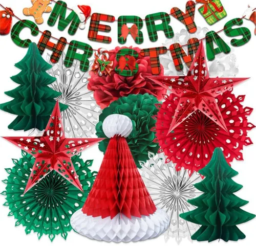 Cartel y pompones de Feliz Navidad, abanicos de papel y faroles para Navidad, decoración de fiestas para Navidad, suministros de fiesta de Año Nuevo