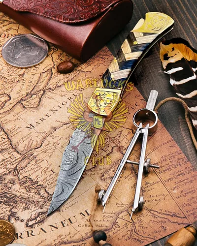 Miniatura 5 de Cuchillo de bolsillo de Damasco hecho a mano con funda, cuchillo de caza plegable de 7" con mango de madera, pequeño cuchillo de camping