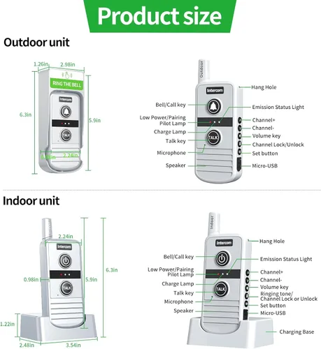 Miniatura 9 de Timbre inalámbrico, sistema de intercomunicación inalámbrico bidireccional, rango de 4900 pies y 16 canales, 4 niveles de volumen, 21 tonos