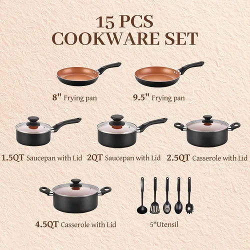 BECIGAR Juego de ollas y sartenes de cerámica, juego de 15 piezas de utensilios de cocina de cerámica antiadherente, juego de ollas y sartenes