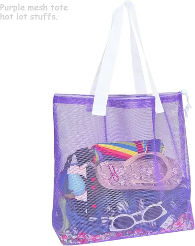 Miniatura 6 de Paquete de 4 bolsas reutilizables de malla colorida para la playa, bolsa de compras de malla con cordón para viajes, juguetes, regalo o lavandería