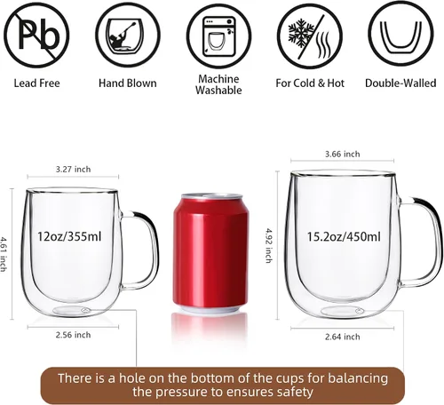 Miniatura 2 de CNGLASS Tazas de café de vidrio de 12 onzas, juego de tazas aisladas de doble pared con asa, tazas de expreso de vidrio transparente para café