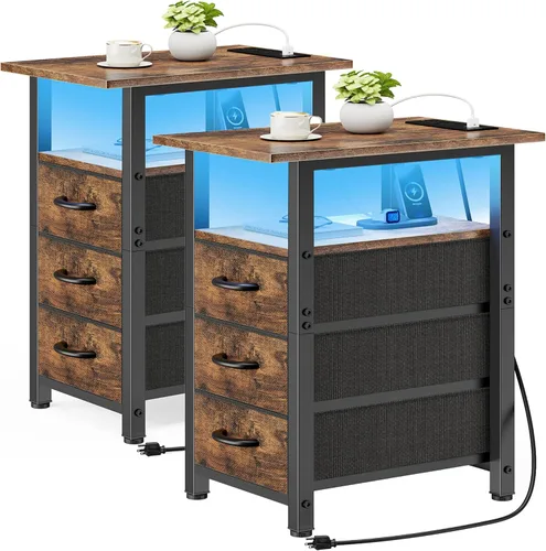 Miniatura 20 de Vagusicc Mesita de noche negra con estación de carga y luces LED, mesa auxiliar estrecha, mesita de noche LED con 3 cajones de tela para dormitorio