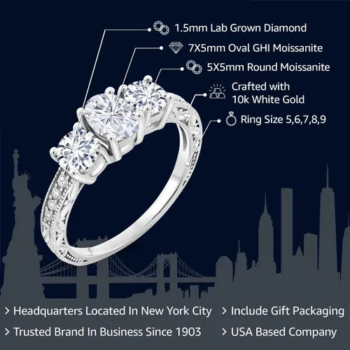 Miniatura 59 de Gem Stone King Anillo de compromiso de 3 piedras preciosas de oro blanco de 10 quilates con piedra natal y diamantes cultivados en laboratorio