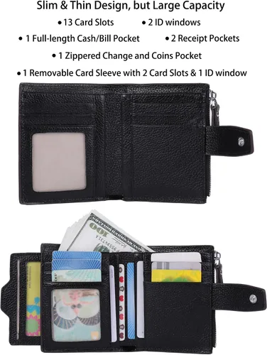 Miniatura 2 de Cartera de cuero con bloqueo RFID para mujer, pequeña, compacta, doble cremallera, con ventana para identificación