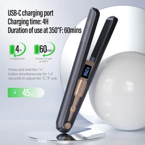 Miniatura 6 de Alisador y rizador de pelo inalámbrico 2 en 1, ajustable de 350 °F a 420 °F, calentamiento de 20 segundos, pantalla LED, batería de 10000 mAh