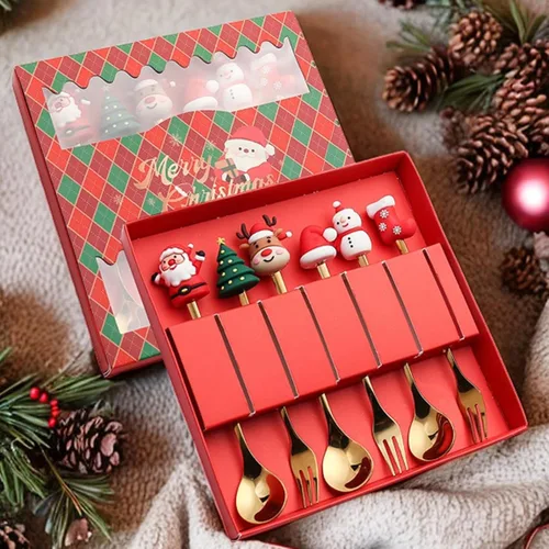 Miniatura 5 de MagiDeal Juego de 6 cucharas de Navidad, tenedores de acero inoxidable, cucharas de postre de acero inoxidable, cucharas de postre de sopa, cucharas