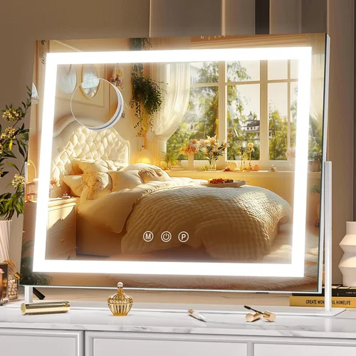 Miniatura 26 de Hasipu Espejo de tocador con luces, espejo de maquillaje LED de 24.2 x 19.7 pulgadas, espejo iluminado con aumento de 10 veces y USB, soporte