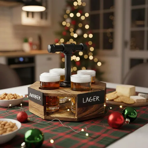 Miniatura 3 de MyGift Juego de servidor de vuelo de cerveza geométrica de madera maciza quemada con mango de tubo de metal industrial rústico, 4 vasos de cerveza