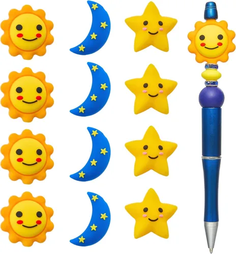 12 cuentas de silicona 3D Sun para hacer llaveros focales a granel, estrellas y luna, cuentas focales para bolígrafos, cordones, pulseras, joyas y