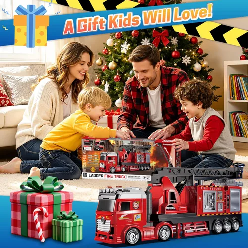Miniatura 7 de Camión de bomberos extra grande para niños, escalera extensible de 27 pulgadas, rotación de 180°, camiones de bomberos ligeros y con sonido