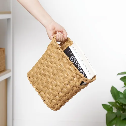 Miniatura 3 de Cesta de basura de mimbre con asas integradas, mini cesta multifuncional para el hogar y la oficina, diseño compacto y construcción duradera