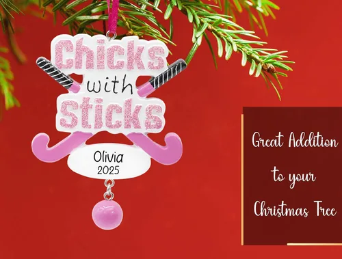Miniatura 5 de Adorno de Navidad personalizado de pollitos con palos para niñas, hockey sobre hierba 2025, personalización gratuita, palos de jugador con bola