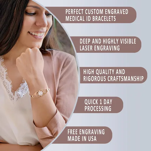 Miniatura 3 de Divoti Pulseras de alerta médica para mujer, pulsera de identificación médica de filigrana de oro rosa PVD grabada personalizada, con malla