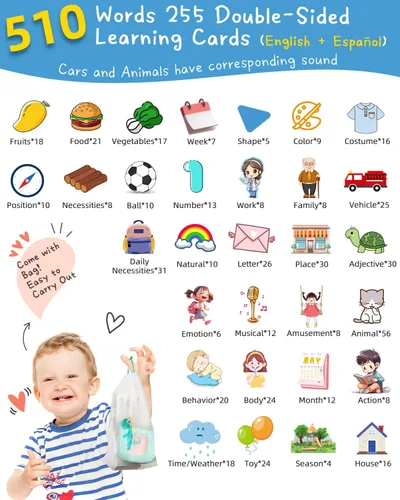 Miniatura 3 de Tarjetas didácticas parlantes bilingües de 510 palabras en español e inglés para niños pequeños de 1 a 3 años, juguetes Montessori de aprendizaje