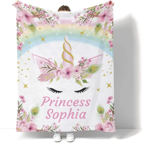 Manta personalizada de unicornio floral para niñas, manta de bebé personalizada para niñas con nombre, regalos de bebé personalizados para niñas,