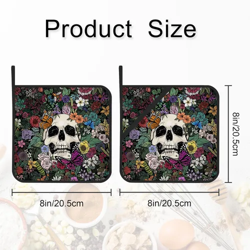 Miniatura 2 de Juego de 2 soportes para ollas, diseño gótico de flores de calavera, resistentes al calor, para barbacoa, cocinar, hornear, comida caliente