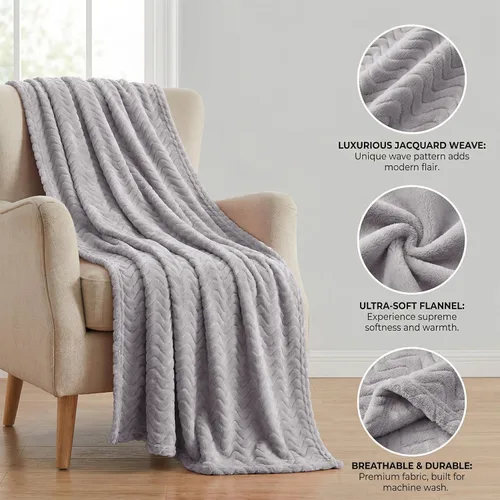 Miniatura 8 de Exclusivo Mezcla Manta King para cama, acogedora manta ligera de vellón con textura ondulada decorativa adecuada para invierno, gris claro, 90 x 104
