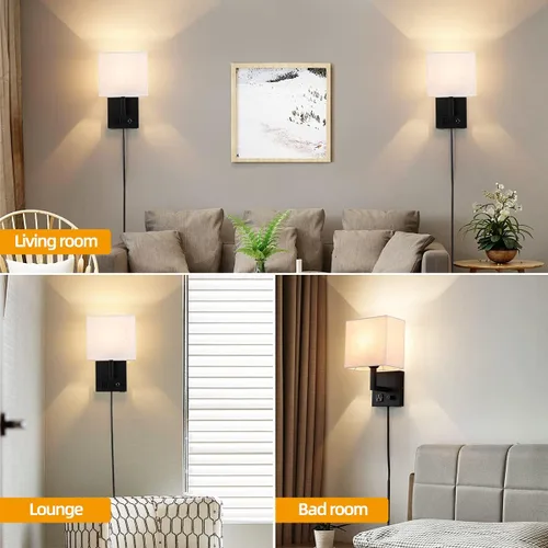 Miniatura 4 de Aplique de pared enchufable, lámpara de pared de cabecera con enchufe e interruptor regulable, con puerto de carga USB y enchufe, adecuado para Negro