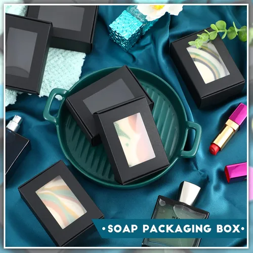 Miniatura 6 de Zonon 100 piezas de cajas de jabón para empaquetado casero, pequeñas cajas de regalo kraft con ventana y soporte para regalos para dulces, Negro