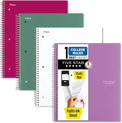 Five Star Cuaderno de espiral + aplicación de estudio, 100 hojas, 1 materia, papel rayado universitario, combate el sangrado de tinta, cubierta