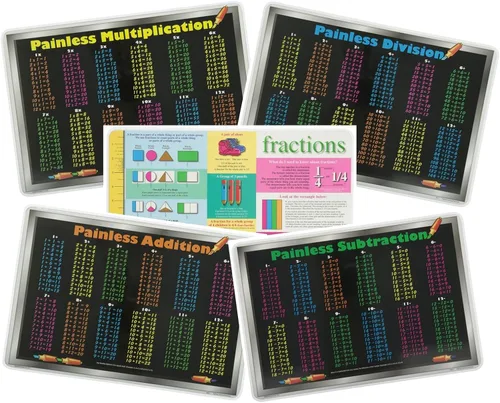 Painless Learning Juego de 5 manteles individuales educativos para niños, multiplicación, división, suma, resta, fracciones, laminados, lavables,