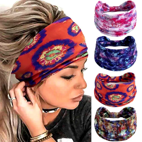Miniatura 14 de Paquete de 4 diademas anchas para mujer, color negro, elegante, elástica, anudada, turbante de humedad, para entrenamiento, bandas para el sudor