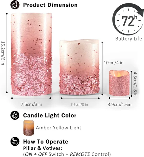 Miniatura 7 de FURORA LIGHTING Velas LED de purpurina rosa con control remoto y temporizador, 4 pilares y 4 votivas, paquete de 8, velas parpadeantes sin llama