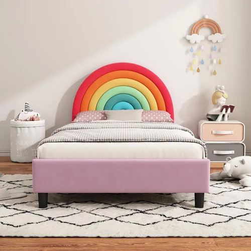 SOFTSEA Base de cama tamaño individual con diseño de arco iris para niños, cama tapizada individual con cabecera arcoíris, cama de princesa, linda