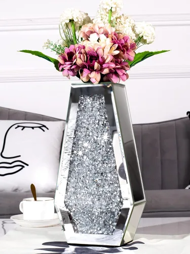 Jarrón de flores con diamantes triturados, jarrones de espejo plateado para centros de mesa, jarrón de cristal brillante decorativo para decoración