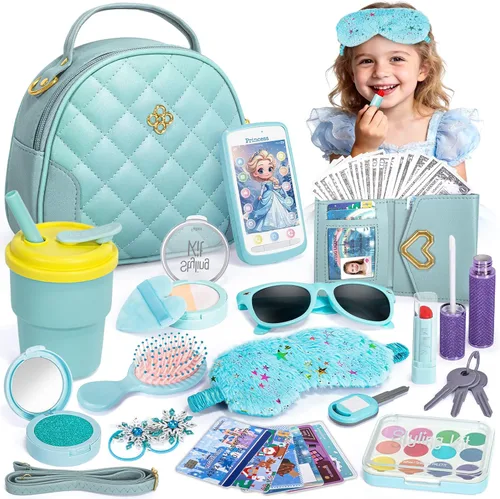 Hohosunlar Bolsa de juego para regalo de niña pequeña, bolso con accesorios – maquillaje falso, juguetes de princesa Elsa, bolso, cartera, teléfono,