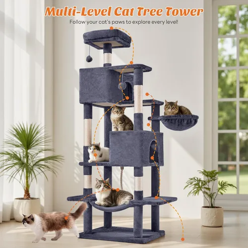 Miniatura 5 de DUMOS Torre grande de árbol para gatos de 66 pulgadas, torre alta de escalada para gatos de varios niveles con postes rascadores de sisal natural